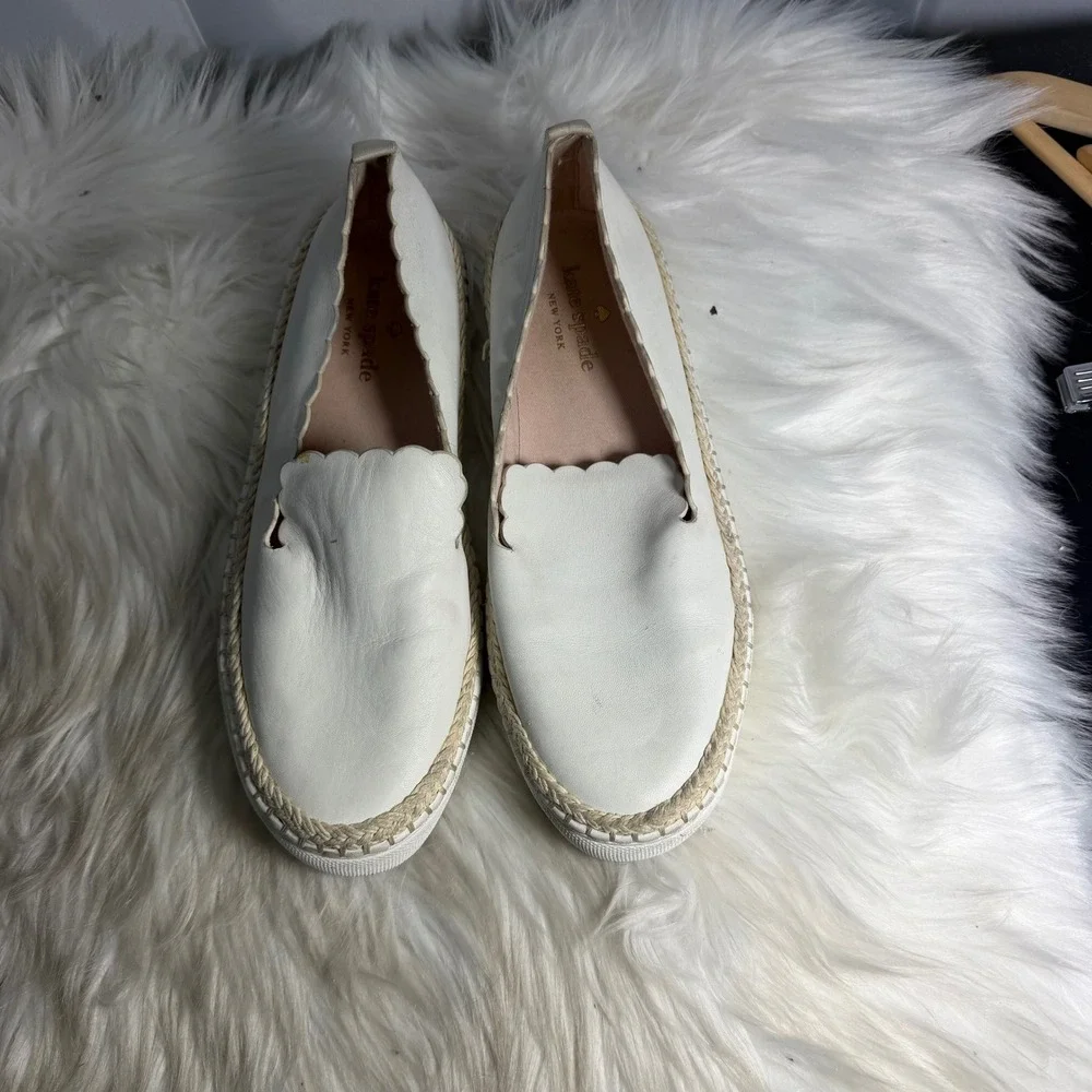 Kate Spade White Leather Scalloped Espadrille Slip On Sneakers Womens 8